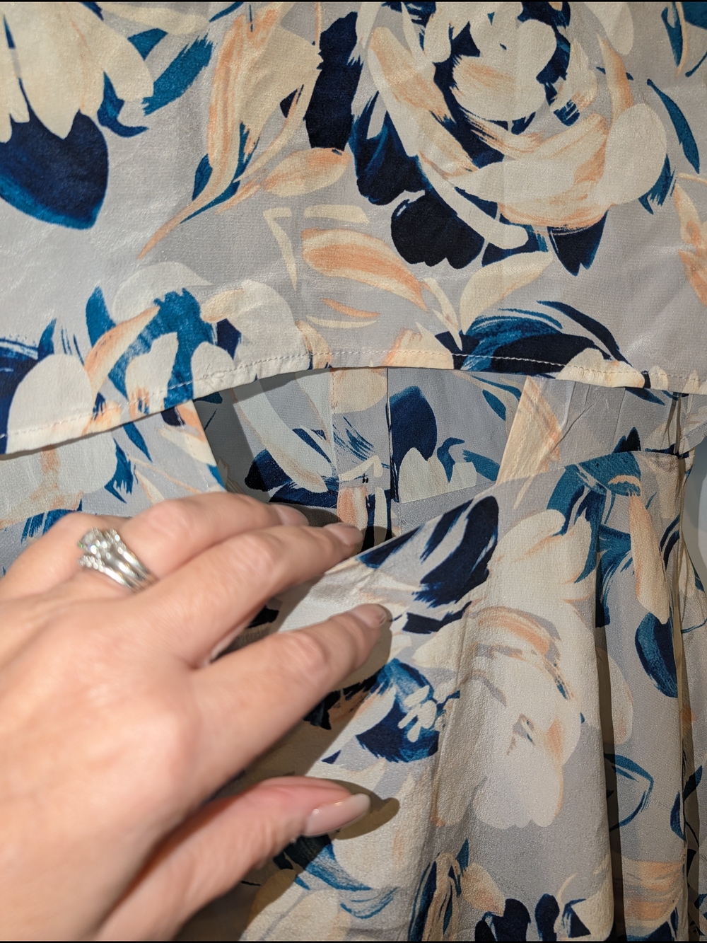 Yumi Kim Floral Silk Mini Button long sleeve shirt Dress Cream, Navy, Peach - Picture 6 of 8